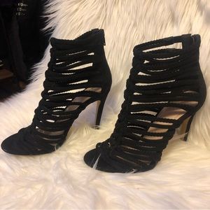 Black suede open toe heels